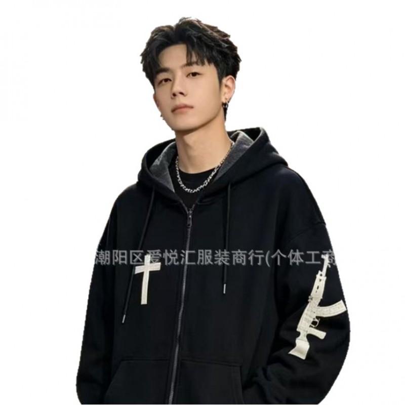 Mens Oversized Hooded Zip-Up Sweatshirt With Geometric Print Streetwear Style Fall Casual Wear