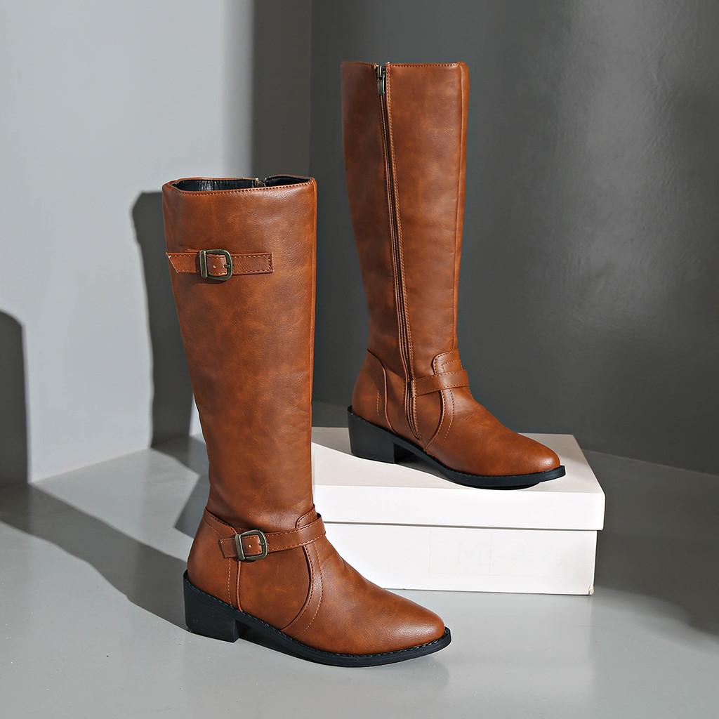 Stilvolle Damen Kniehohe Reitstiefel Mit Schnallen-Detail Für Herbst Und Winter