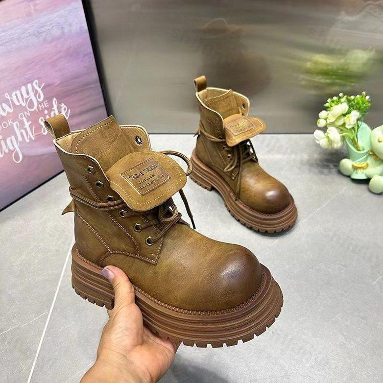 

Новые женские ботильоны осень-зима 2024 года, водонепроницаемые короткие ботинки на платформе со шнуровкой и толстым каблуком, модные кожаные мотоциклетные ботинки в стиле панк 38 коричневый