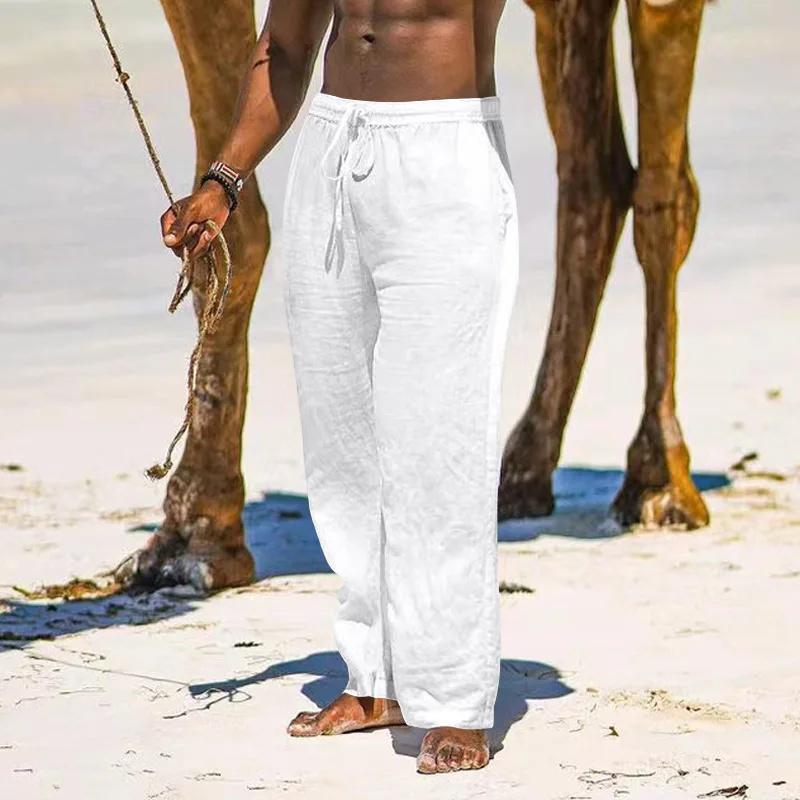 

Мужские хлопковые льняные брюки, повседневные свободные прямые брюки, легкие пляжные брюки с завязками XXXL белый