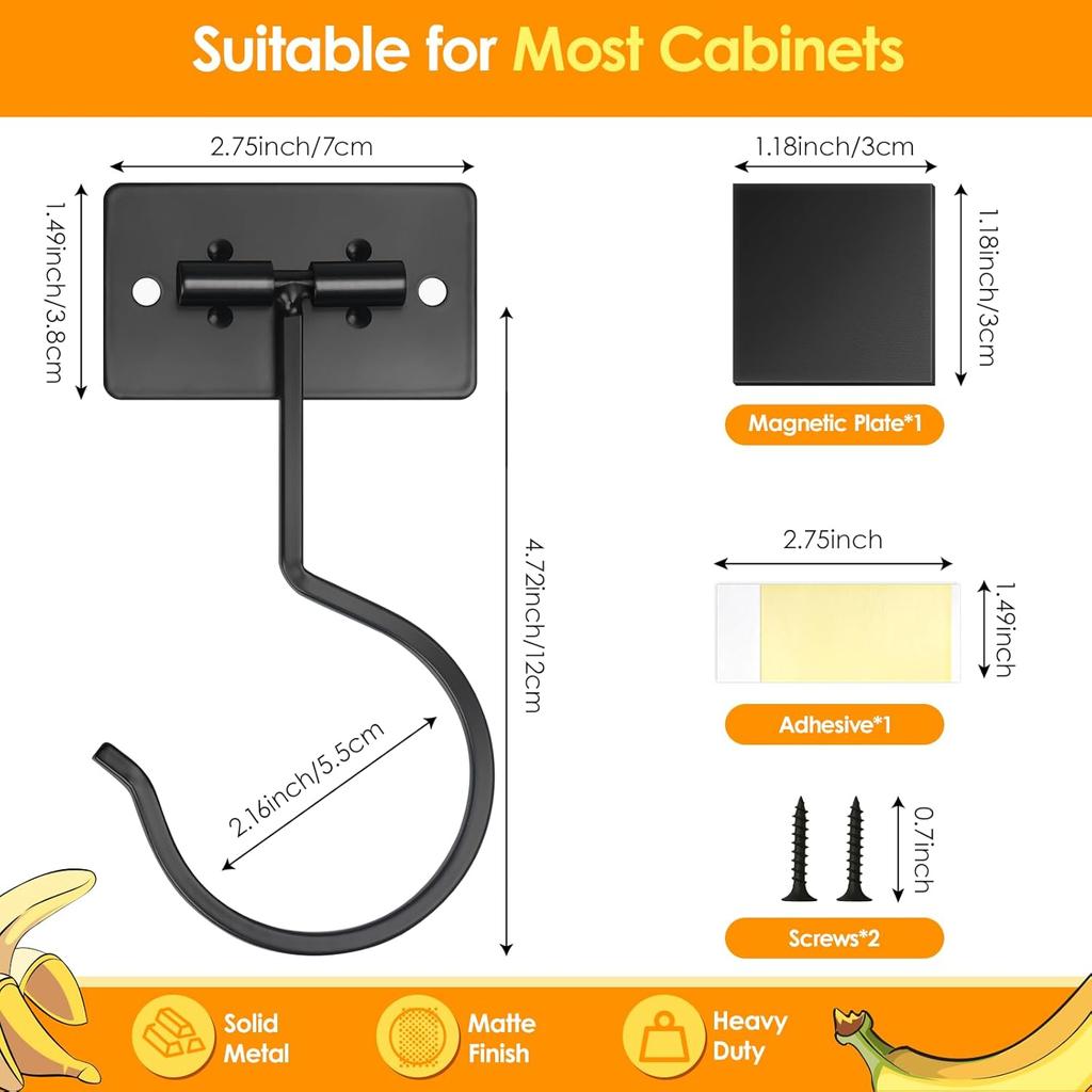 Self Adhesive Banana Hook Under Cabinet Foldable Banana Hanger Black Metal Under Counter Banana Hook to Keep Bananas Fresh Banana Holder for Kitchen