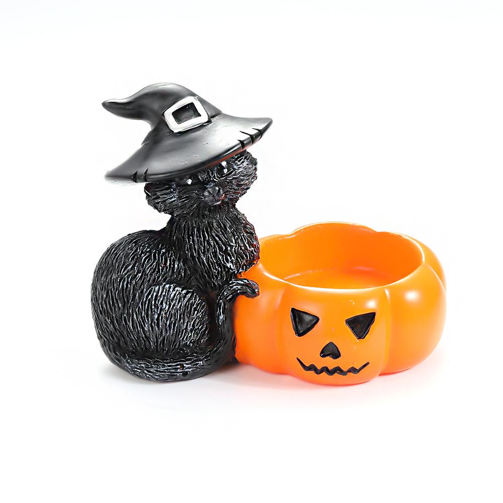 Black Cat & Pumpkin Halloween Candle Holder Resin Decor Set