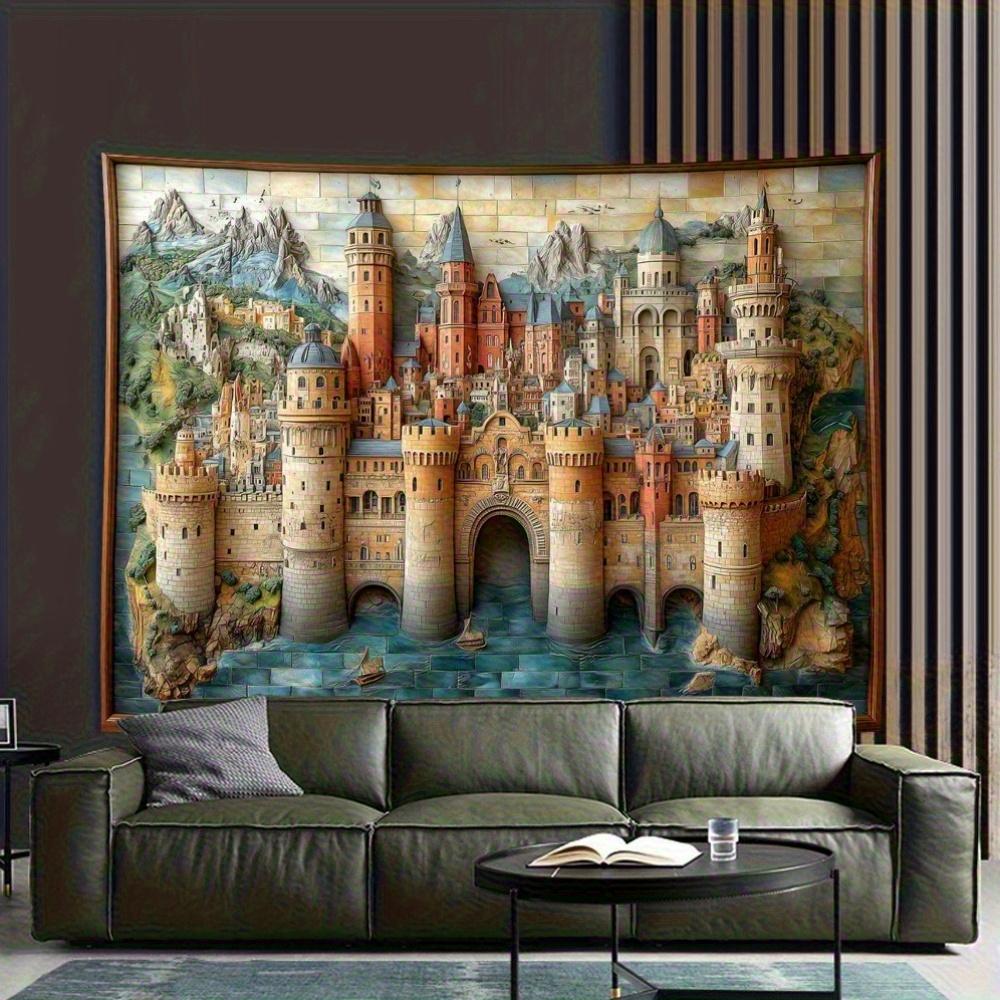 1pc Vintage Polyester 2D Castle Tapestry Wall Hanging Decor Montevideo Medieval Castle Design Universal for Living Room Bedro