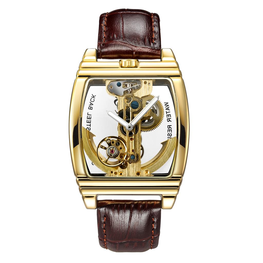 Reloj Mecánico Automático Transparente Hombre Steampunk Esqueleto Engranaje de Lujo Cuerda Automática Cuero Relojes de Hombre Montre Homme