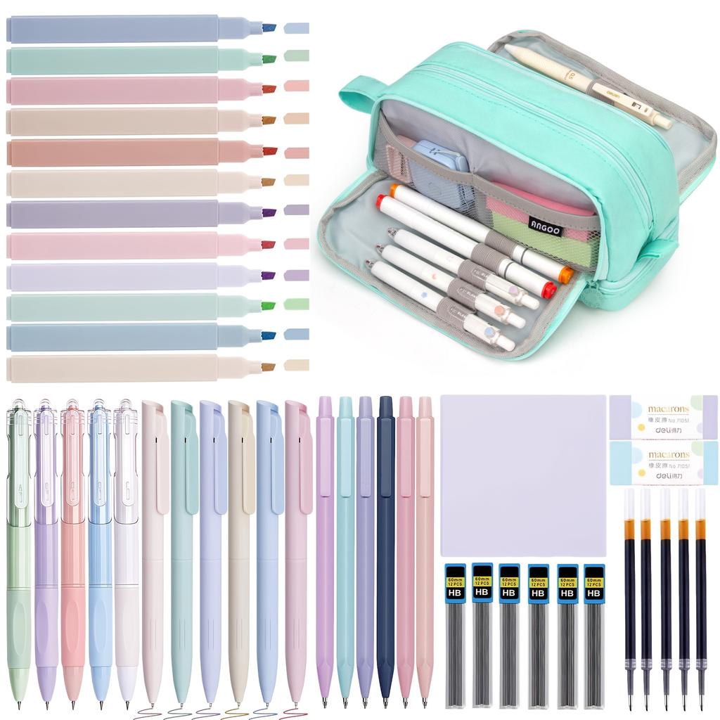 44 pieces of elegant stationery, including a large-capacity pencil case, 12 highlighters, 11 gel pens, and 6 fountain pens.