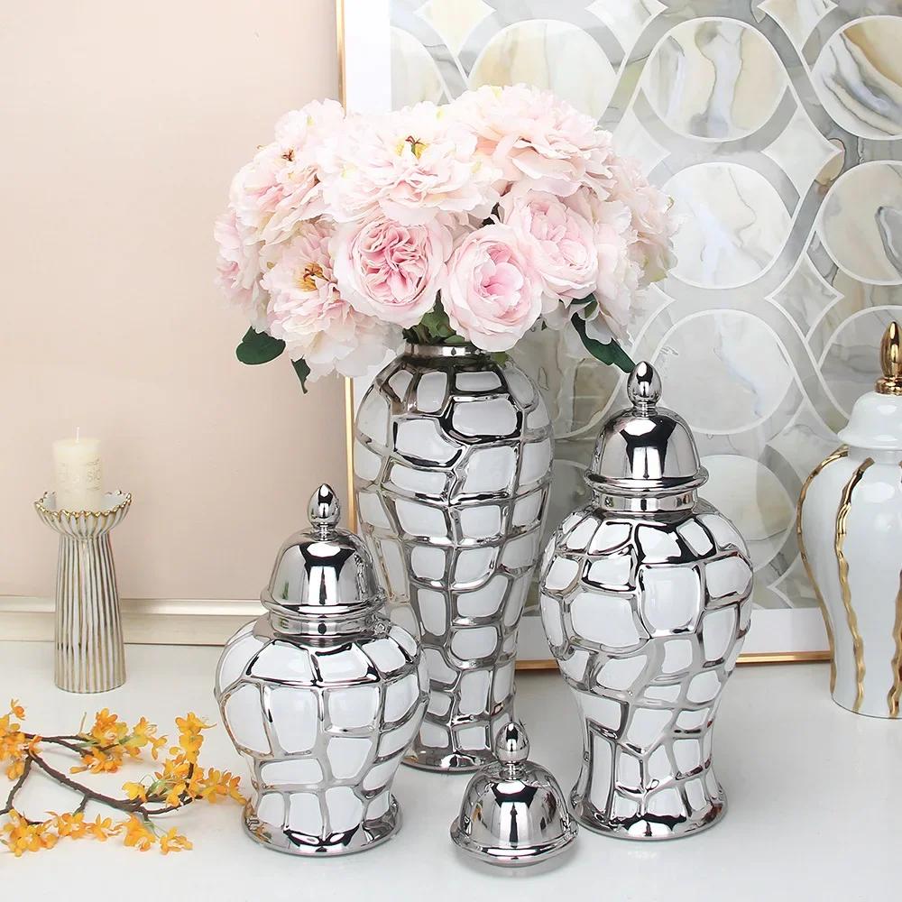 Ceramic General Pot Silver Grid  Porcelain Ginger Jar Storage Tank with Cover Flower Vase Home Furnishing Decoration Vases Pots