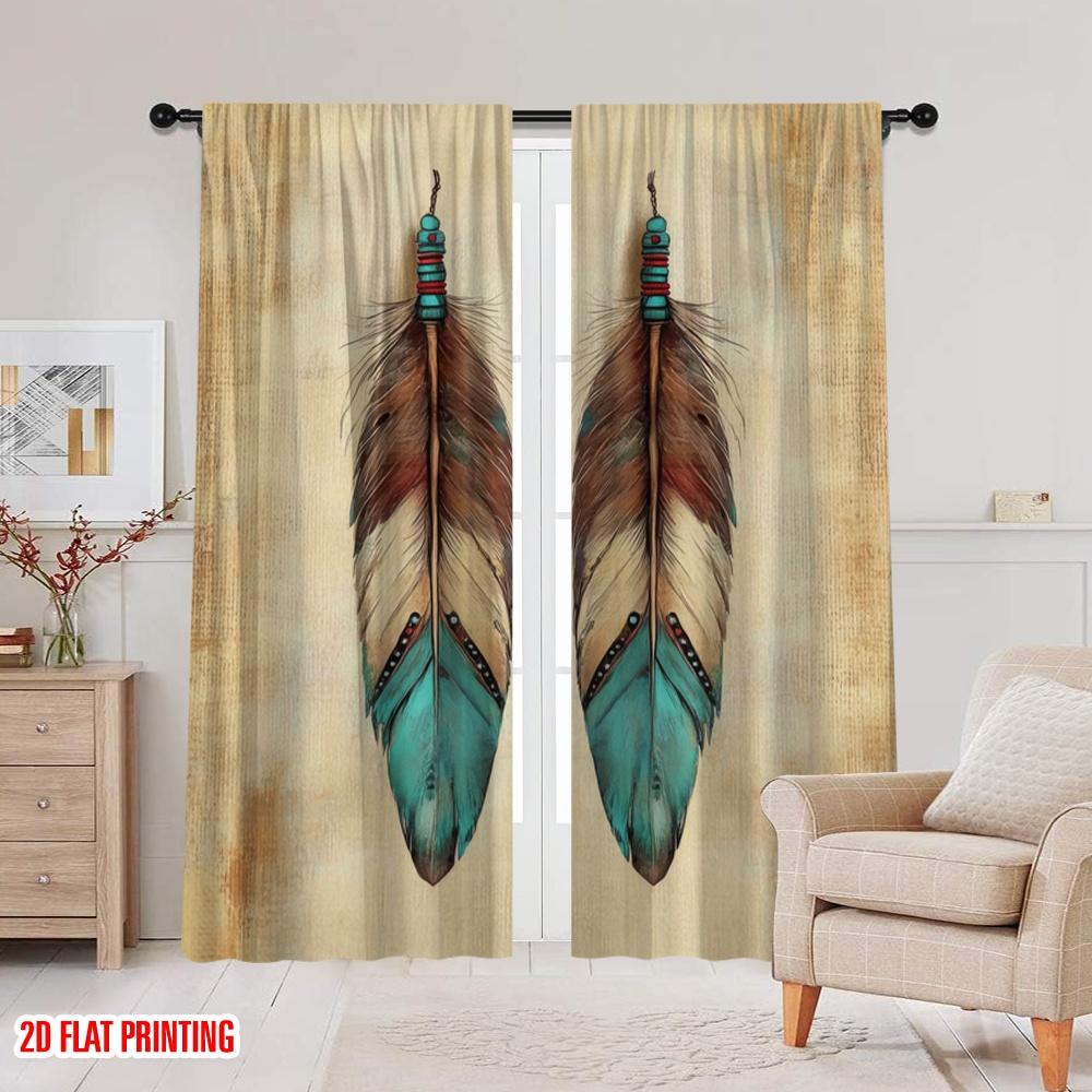 2pcs,2D Plane Printing Curtains Tribal Feathers Duo Polyester Woven (without Rod) Decorations Outdoor Perfect for Bedroom,