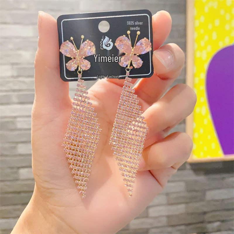 S925 Silver Needle Rhinestone Tassel Earrings - Exquisite Long Claw Chain with Colored Diamonds, European & American Style