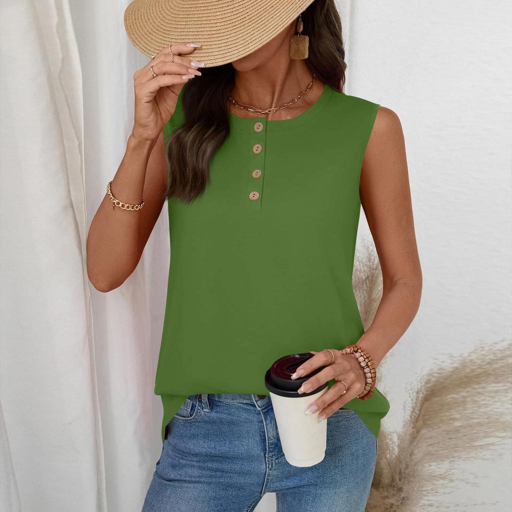 Women's Casual Fashion Button-Up Round Neck Sleeveless T-Shirt Vest