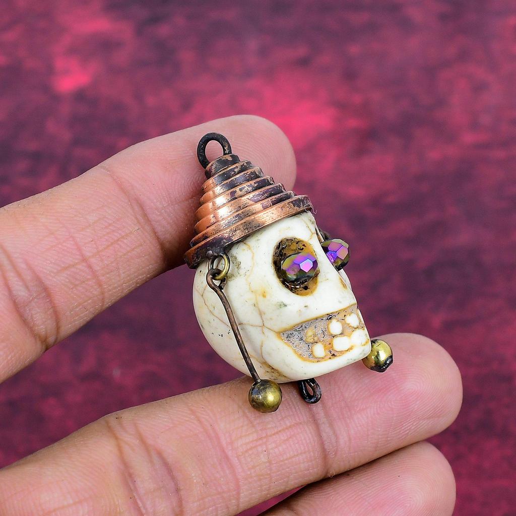 Howlite Pendant Titanium Bead Eyes & Skull Bone Face Pendant Copper Wire Wrapped Gemstone Jewelry