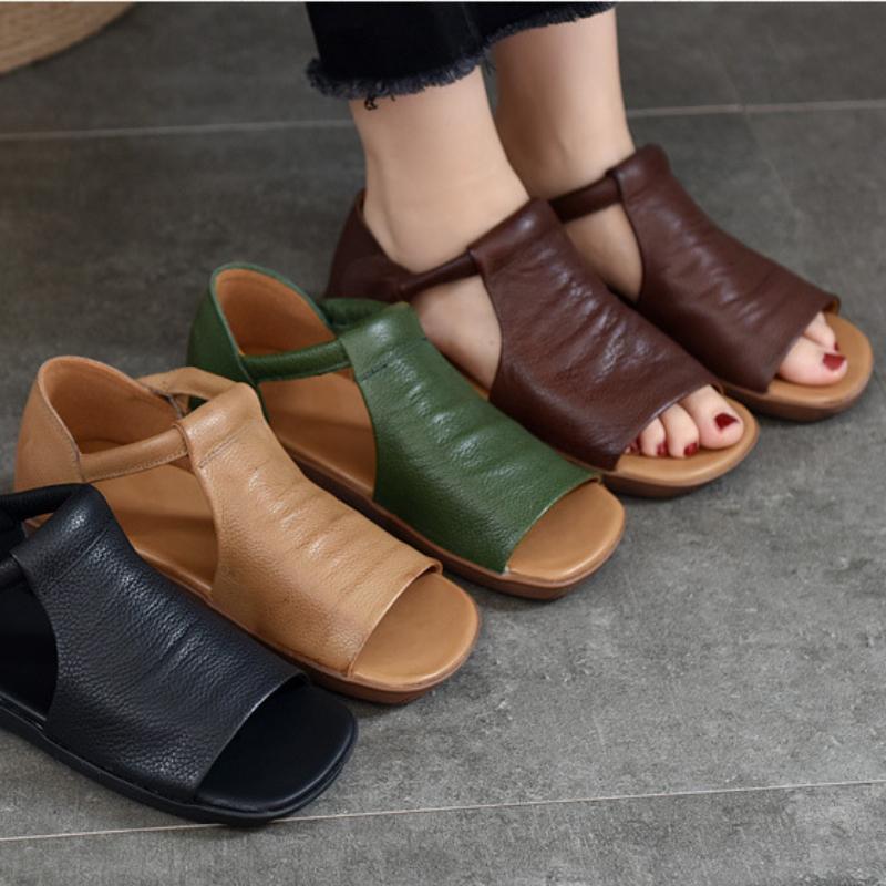 Johnature Peep Toe Flat Sandals Retro Genuine Leather Comfortable Soft Sole Versatile Women's Shoes