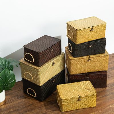 Handgewebte Regalkörbe aus Seegras mit Deckel, rechteckiger Behälter, gewebte Aufbewahrungsbox mit Griff, Home Organizer, Schlafzimmer