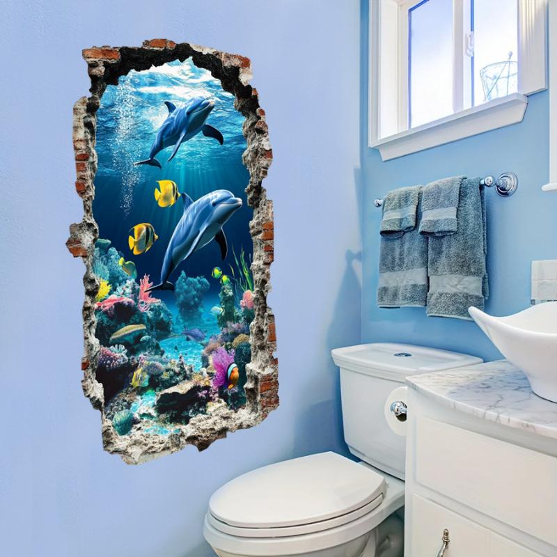 3D Wall Decal Ocean World Self-Adhesive Sticker Semi-Matte PVC Easy Peel Sticker Irregular Shape Home Decor Ocean Theme Decor