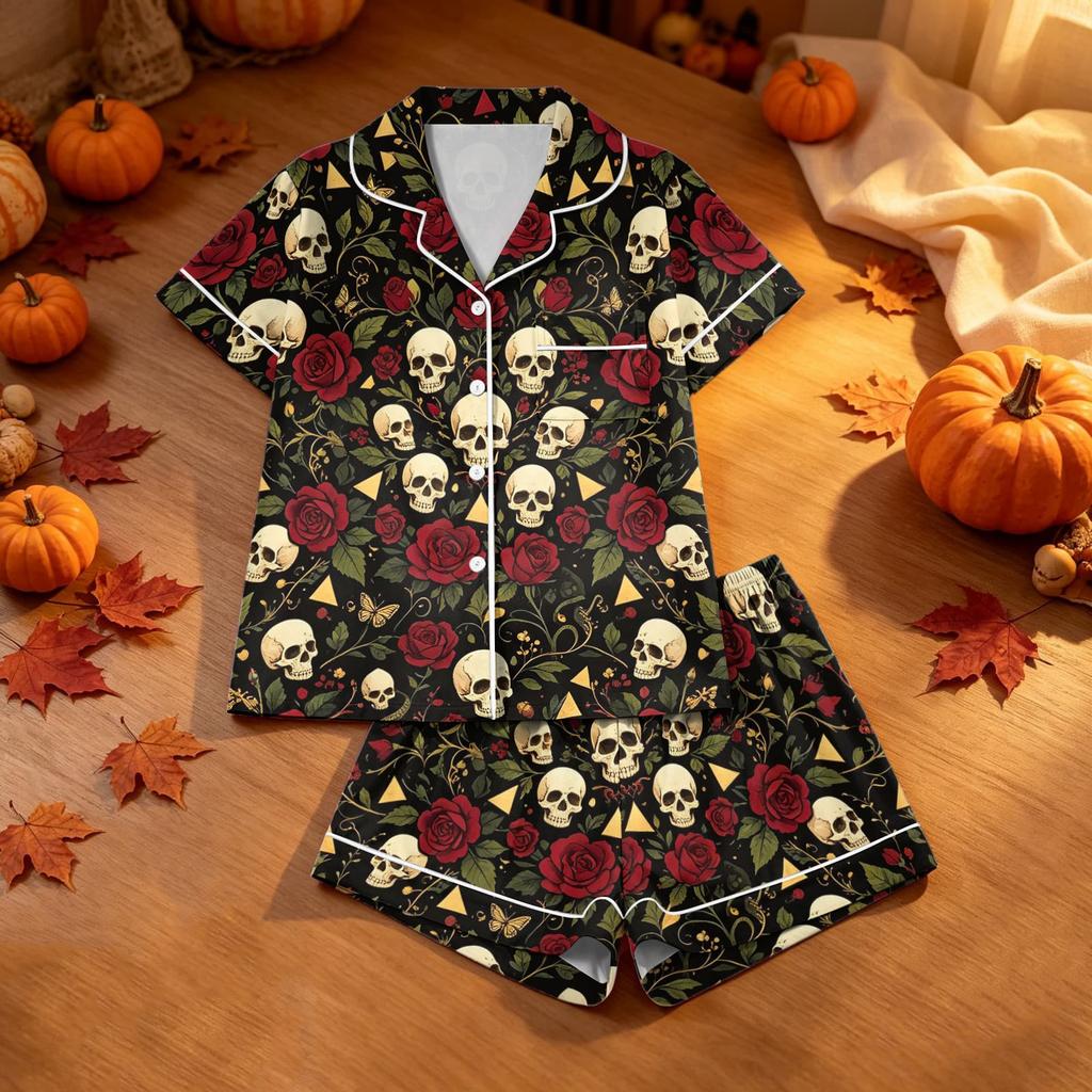 Damen Casual Halloween-Print Pyjama-Set, Zweiteilig Bequeme Nachtwäsche