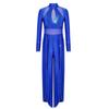 Kids Stage Performance Leotard Mock Neck Long Sleeve Sequins Rhinestone Mesh Patchwork Back Zip Split Wide Leg Jumpsuit for Lyrical Dance