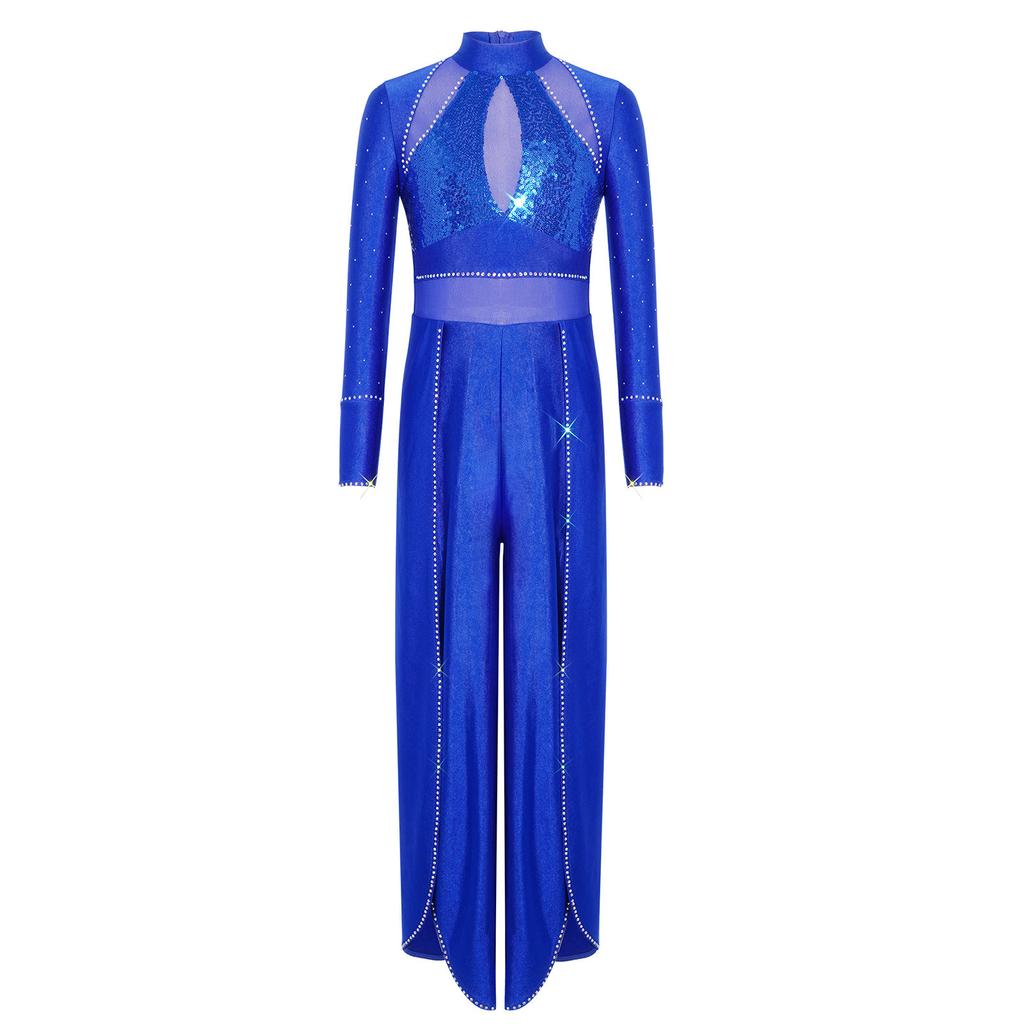 Kids Stage Performance Leotard Mock Neck Long Sleeve Sequins Rhinestone Mesh Patchwork Back Zip Split Wide Leg Jumpsuit for Lyrical Dance