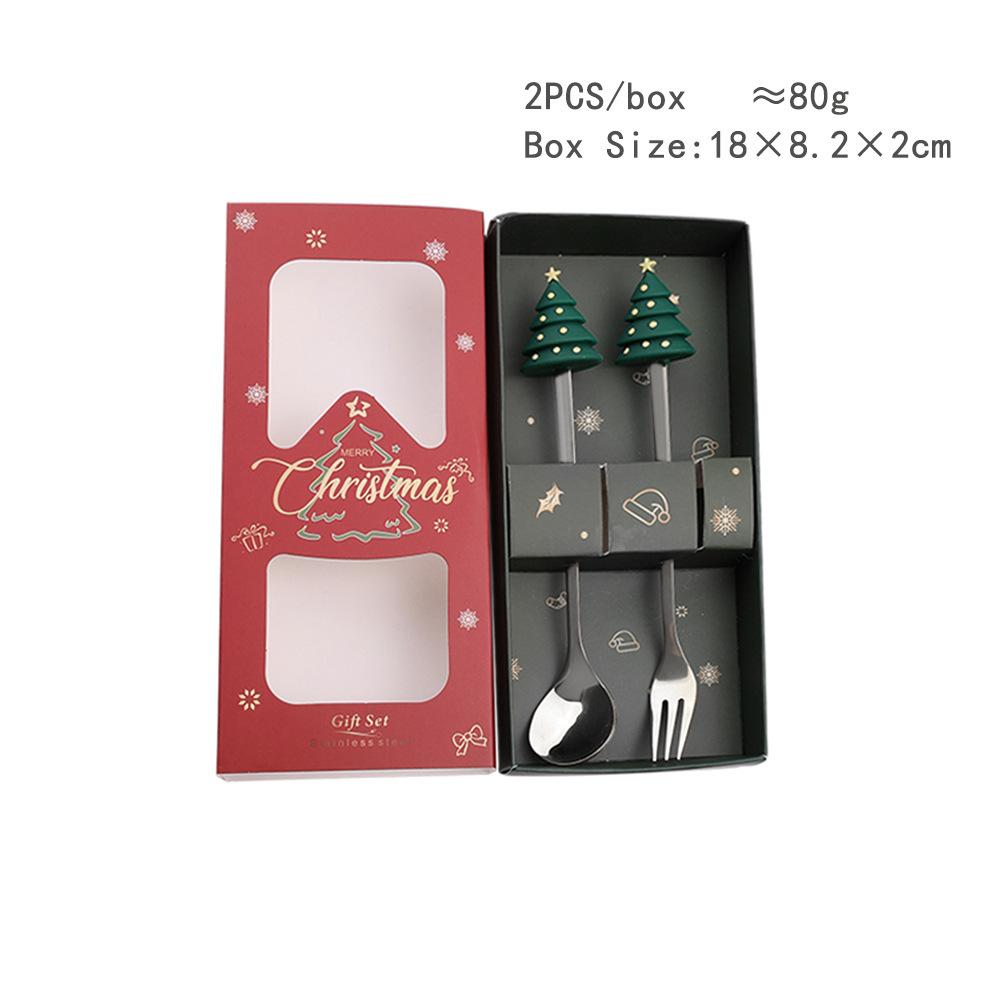 HANYANG juleskjesett julegavebestikk To sett med dessertskjeer og gafler Santa elg dukkeskje