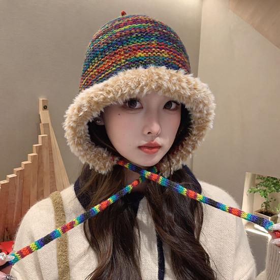 Gemütliche Wintermütze aus Plüsch, Regenbogen-Design, warm, winddicht, perfekte Passform, verdickte Strickmütze für Damen-Accessoires