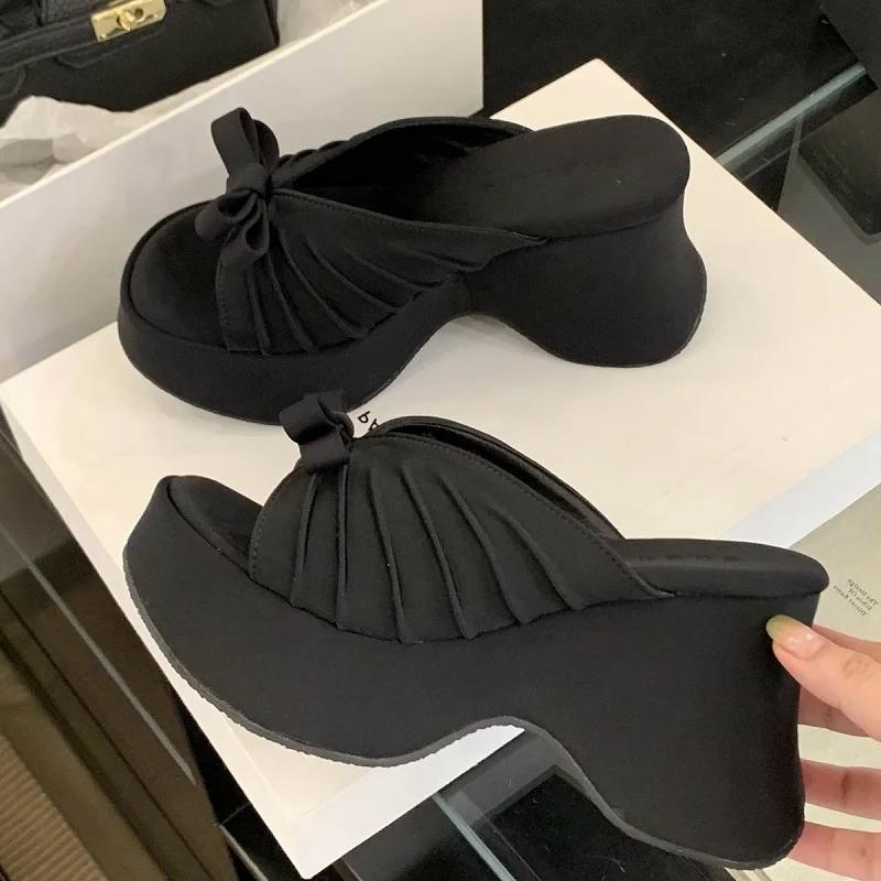 Fashion Fashion Slippers for Women New Design Pleated Butterfly-knot Party Shoe Platform Wedge Women Sandals Fashion Open Toe High Heels