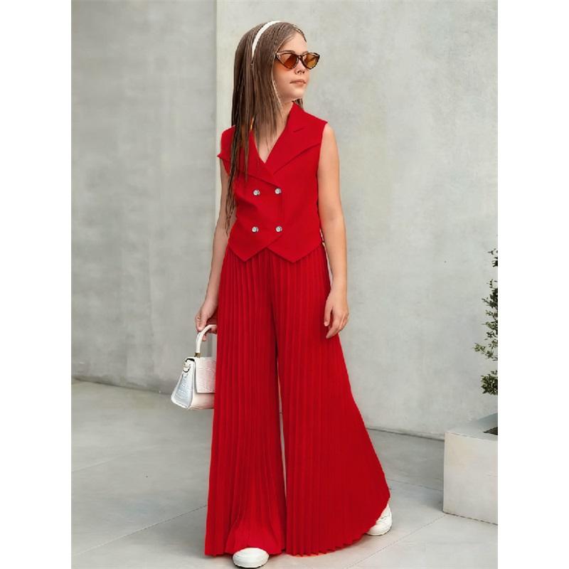 Girls' Fashionable Suit Set: Summer Sleeveless Top + Wide-Leg Pants Set
