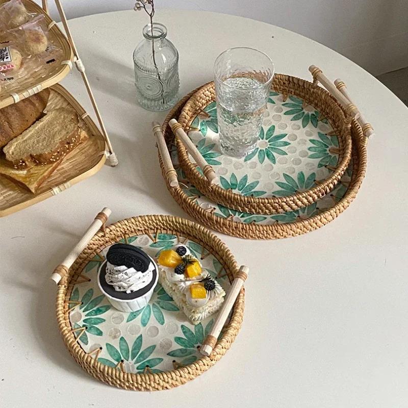 Tabletts zum Servieren von Speisen Serviertabletts Snacktablett Nachmittagstee-Tablett Teller Dessert Rattan Obst Trocken Gericht Süßigkeiten Teller Kuchen Zuhause