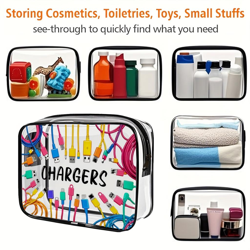 1pc Transparent Single-Sided Print Toiletry Bag, Portable Outdoor Travel Cosmetic Organizer with Thickened PVC Storage Pouch