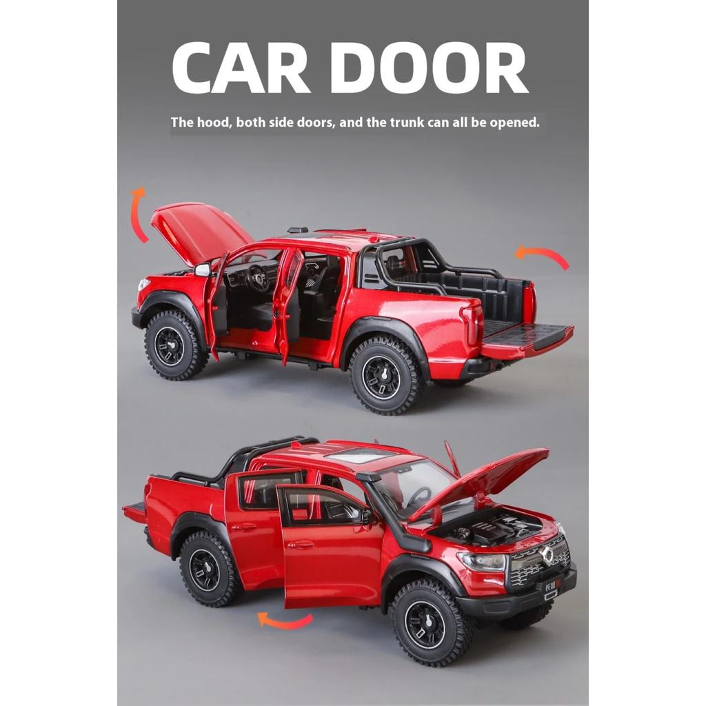 1/24 Alloy Die-cast Great Wall Cannon Pickup Truck Model Simulation Sound and Light Pull Off Road Vehicle Toy Collection Ornaments for Boys Gifts