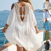 Fashion V Neck Swimsuit Cover Up Dress Hollow Out Backless Beachwear Shirt Loose Vacation Summer Sunscreen Smock for Women