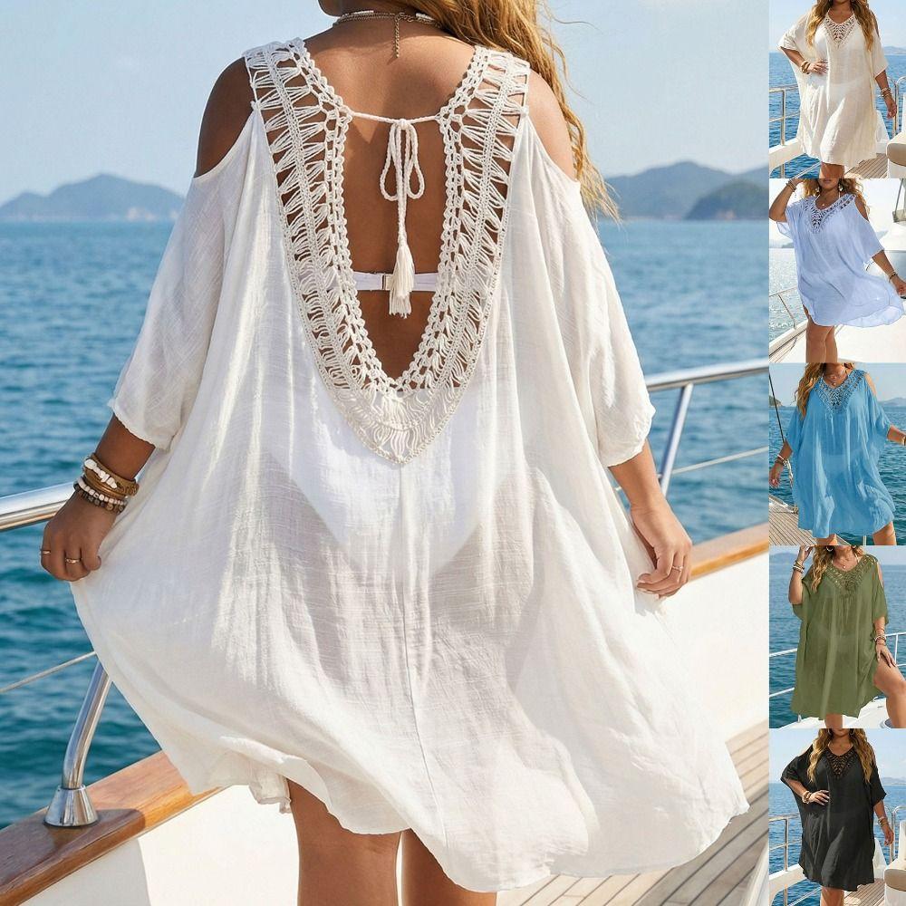 Fashion V Neck Swimsuit Cover Up Dress Hollow Out Backless Beachwear Shirt Loose Vacation Summer Sunscreen Smock for Women