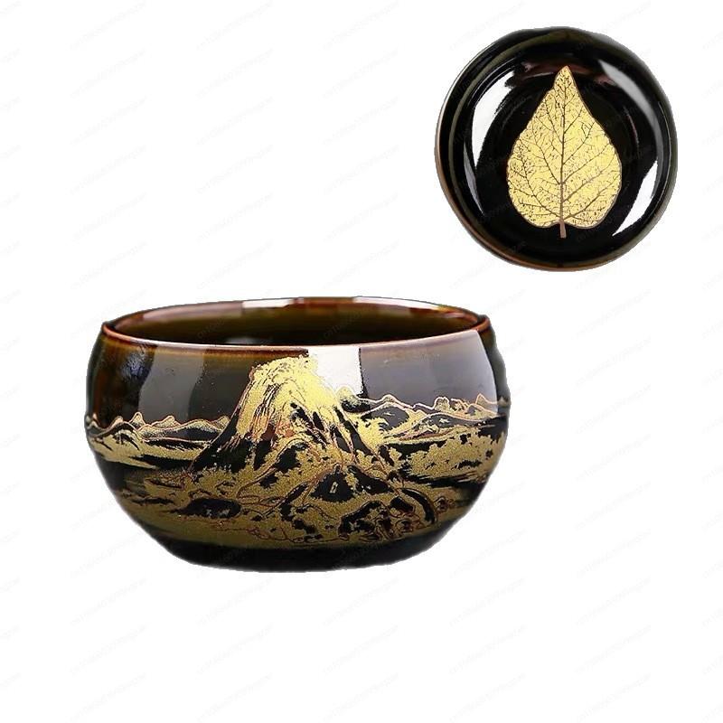 Gold Wood Leaf Tenmoku Cup, Kiln-Change Ceramic Master Cup for Gongfu Tea, Personal Tea Drinking Bowl