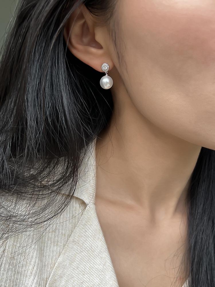 

Cold Addition Yingbai Australia White Pearl Sterling Silver Round Diamond Earrings Light Luxury Premium Temperament Earrings Pendant Earrings