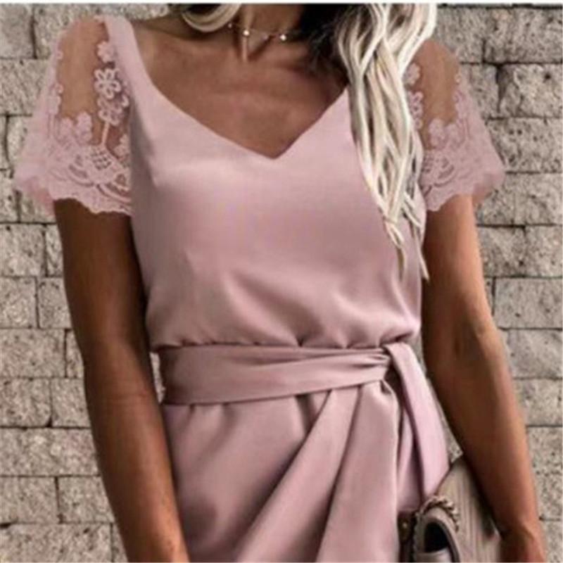 Tooxika New Mid-waist Temperament V-neck Party Solid Color Lace Short-sleeved Tight Dress