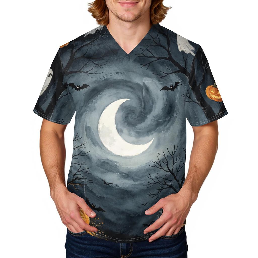 Men's Halloween Printed Medical Scrub Top V Neck with Tie and Pockets Comfortable Fit Daily Workwear for Healthcare Professionals