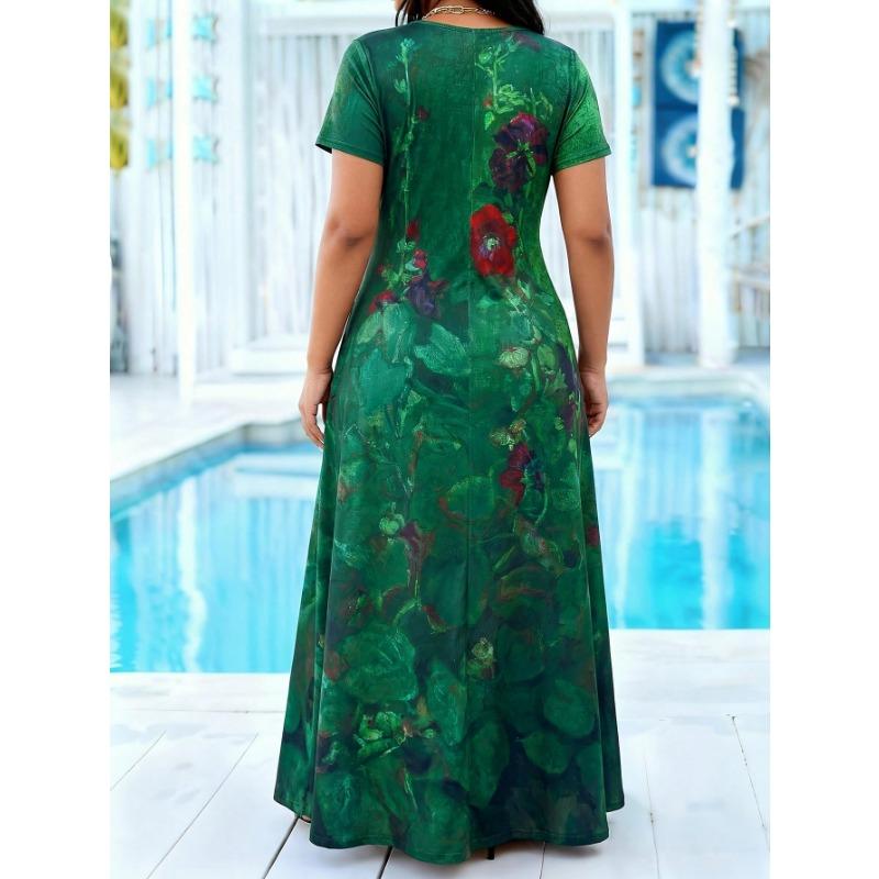 Summer Casual Plus Size Dress, Green Floral Short Sleeve Maxi Dress, Loose Fit Sundress for Curvy Women,Casual Long Dress