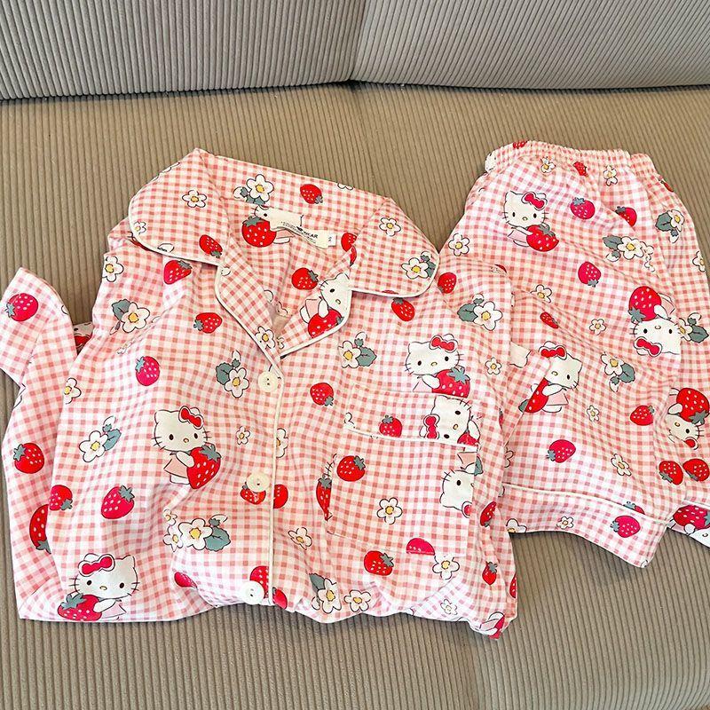 

Japanese new sweet strawberry plaid Hello Kitty pajamas women s summer short-sleeved shorts cardigan two-piece loungewear S