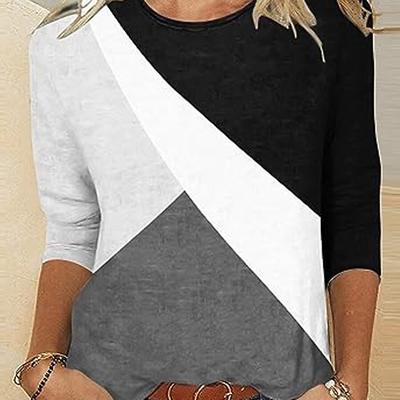 Lente en Herfst Ronde Hals 3D Kleurblok Bedrukte Top Modieuze Casual Lange Mouw Dames T-shirts