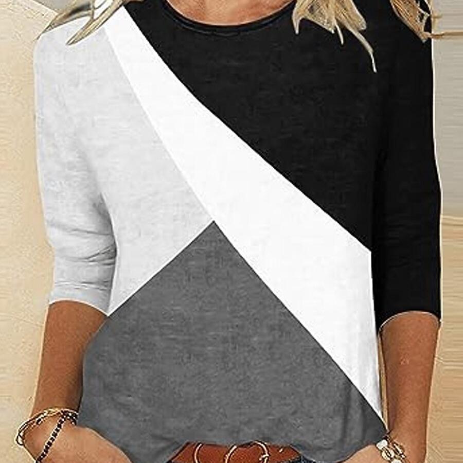 Jarní a podzimní top s kulatým výstřihem, 3D barevným blokovým potiskem, módní ležérní dámské tričko s dlouhým rukávem