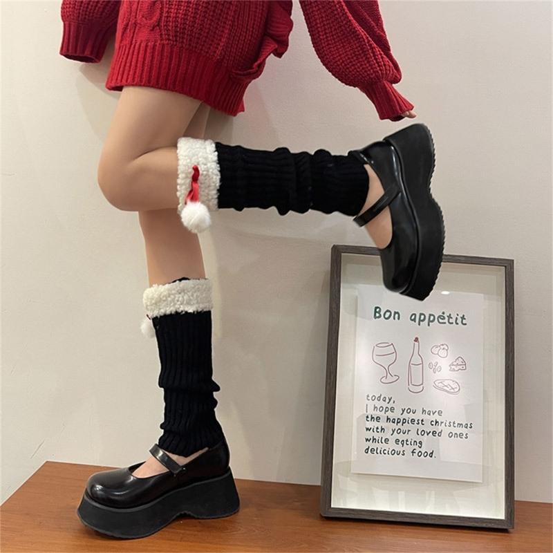Women Winter Ribbed Knit Leg Warmer Stockings Y2K Harajuku Furry Trim Plush Ball Bow Christmas Leg Cover Long Boot Socks