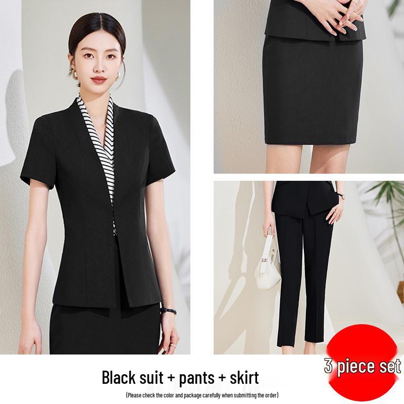 Chic Black Short-Sleeved Collarless Suit Set: Professional Workwear for Sophisticated Women