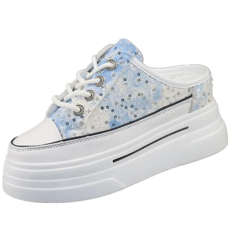 Mote Canvas Baotou Halvtøfler Dame Nye Sommer Yttertøy Alt-match Tykk Såle Innvendig Høydeøkning 8cm Uten Hæl Slip-on Sko