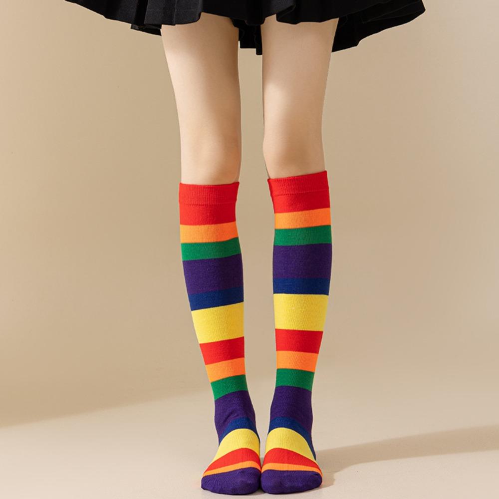 Breathable Cosplay Socks Rainbow Colors Rainbow Striped Socks Funny Calf Socks For Girls H