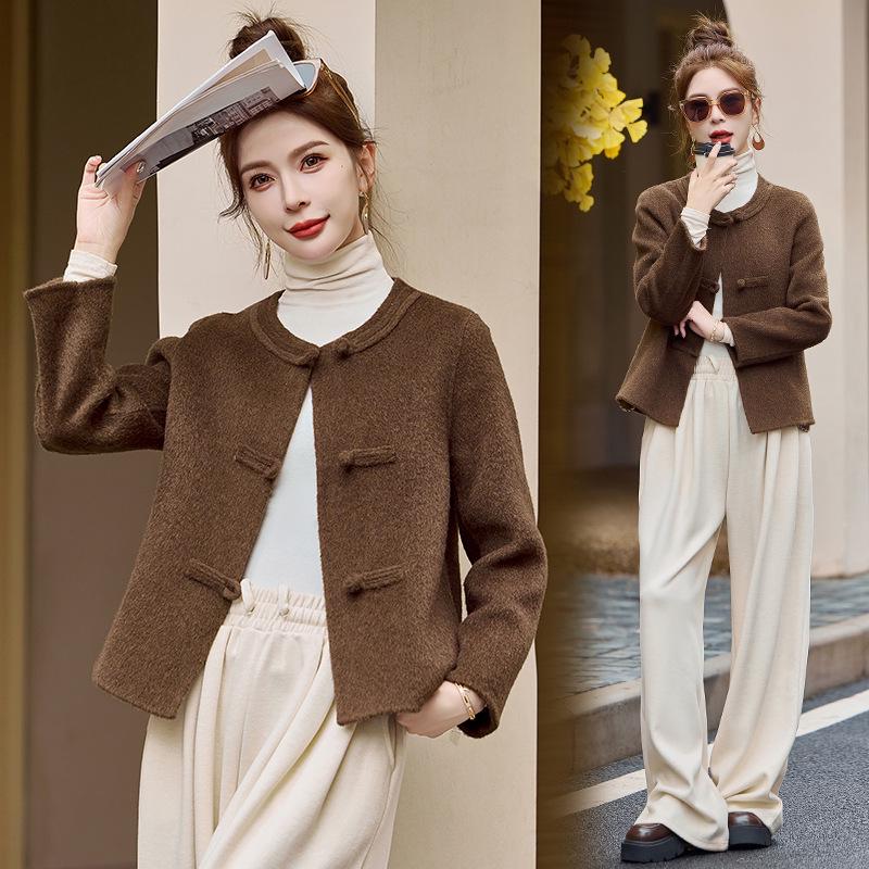 

Женское двустороннее шерстяное пальто с пуговицами-лягушками - Новый китайский стиль для осени/зимы, модное пальто с круглым вырезом ZQ71 M 110-125 lbs кофейный