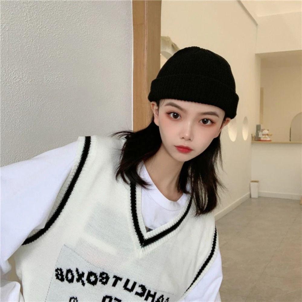 Trendy Korean Style Knitted Hats Flanged Warm Hip Hop Hat Short Melon Cap Autumn and Winter