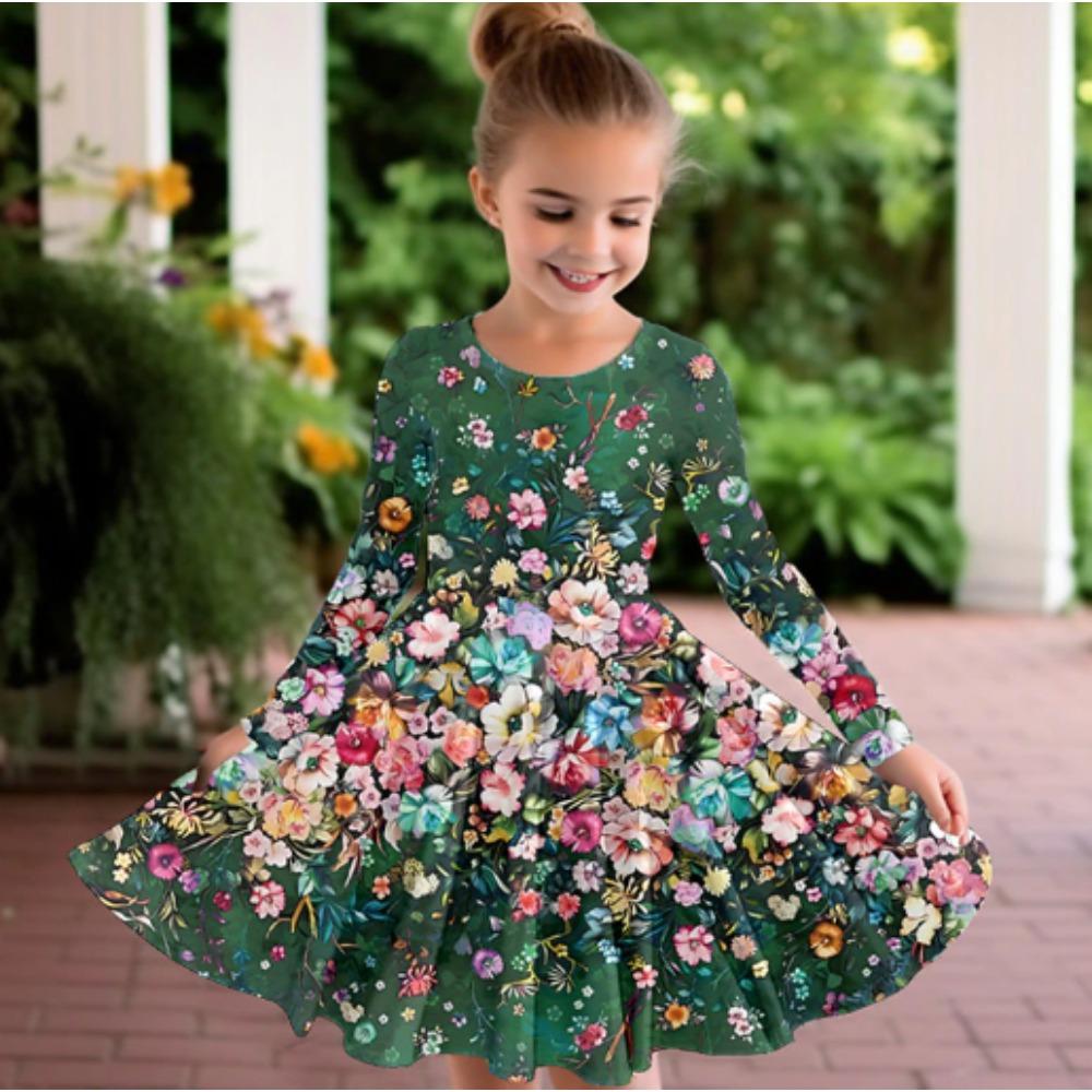 Girl Casual 3D Blue Meadow Print Round Neck Long Sleeve Dress Kid Princess Dress