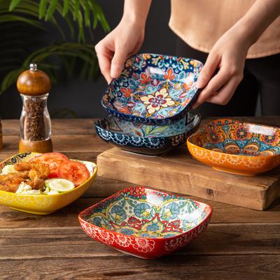 6IN Retro Ceramic Square Serving Dish Specialty Snack Plate Fruit Salad Plate Deep Plate Ceramic Household Vegetable Dish