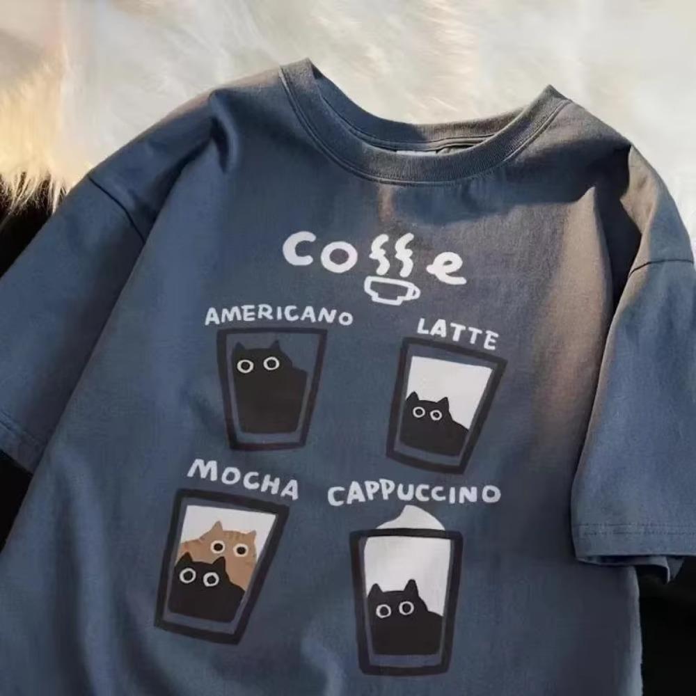 American retro trendy cat graphic T-shirt casual round neck men and women summer loose couple short sleeved top harajuku y2k