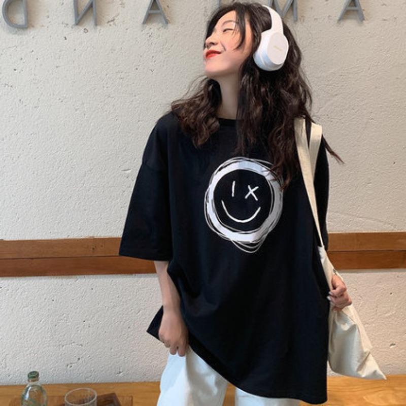 Vintage Funny Print High Street White Black Short Sleeved T-shirts for Women's Summer Casual Oversized T Shirt Harajuku Streetwear Tshirt Y2k Tops