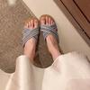 Fashion Bohemian Flat Bottom Woven Cross Strap Slippers Color Blocking Sandals Slipper for Outside Wear Soft Sole Versatile Beach Shoes