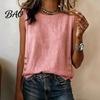 Soft Blouse Summer Tops for Women, Round Neck Sleeveless Pullover Tops, Pure Color Stretchy Breathable Regular Fit Vest Work Party Vacation