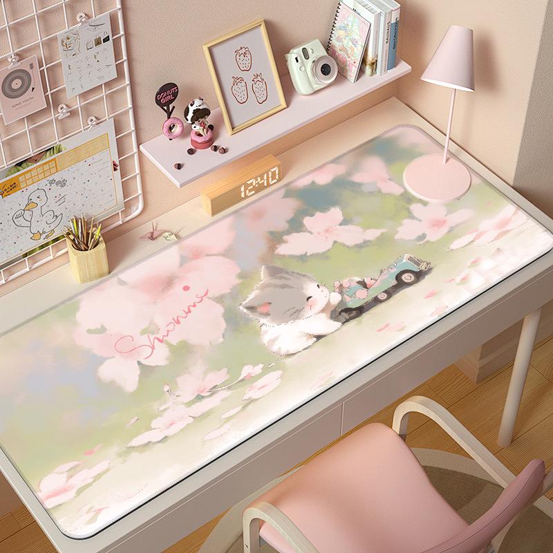 Extra Large Cute Cat Cartoon Mouse Pad with Stitched Edges - Aesthetic Desk Mat for Girls